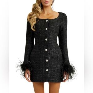Black Tweed Long Sleeve Fur Cuff Mini Dress by Heiress Beverly Hills (Small)